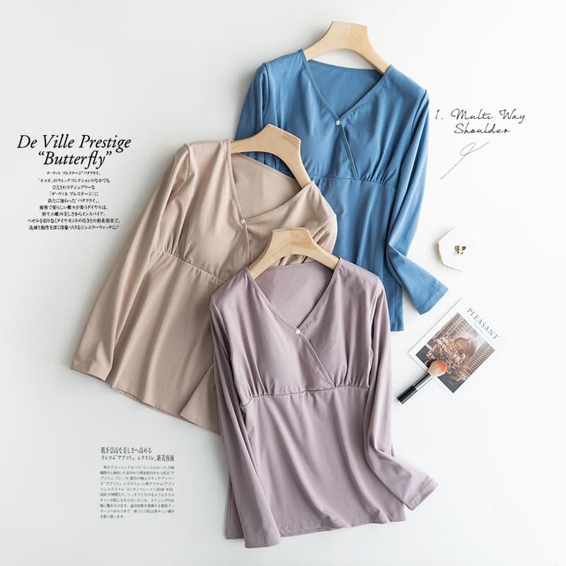 Long-sleeve cross-front nursing top with built-in bra pads, pure cotton, postpartum maternity wear, breastfeeding undershirt