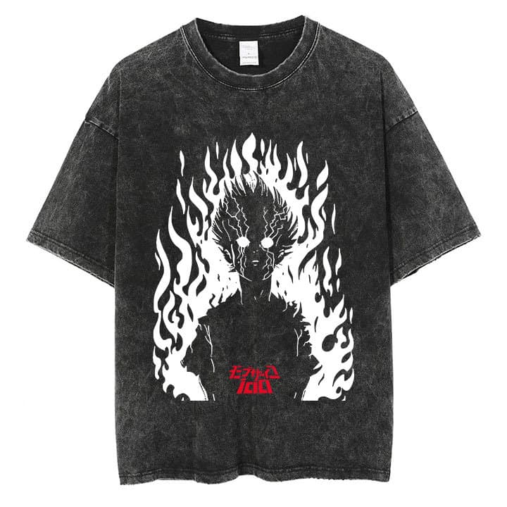 Anime Mob Psycho 100 Washed T-Shirt Men Setwear Harajuku Graphic