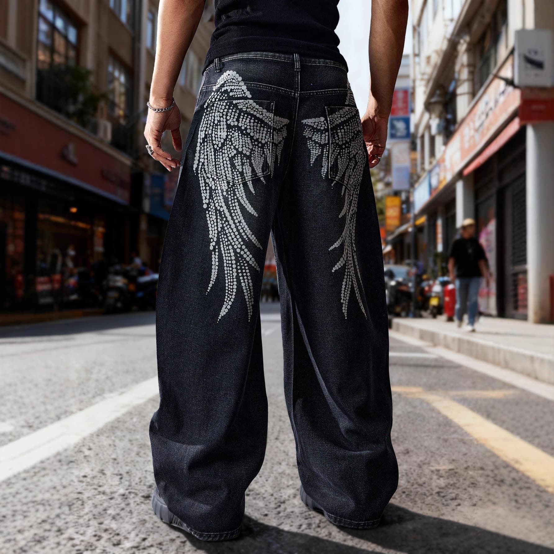 American street wing print bootcut jeans for men, spring and autumn straight, loose, European and American high street vibe style long pants