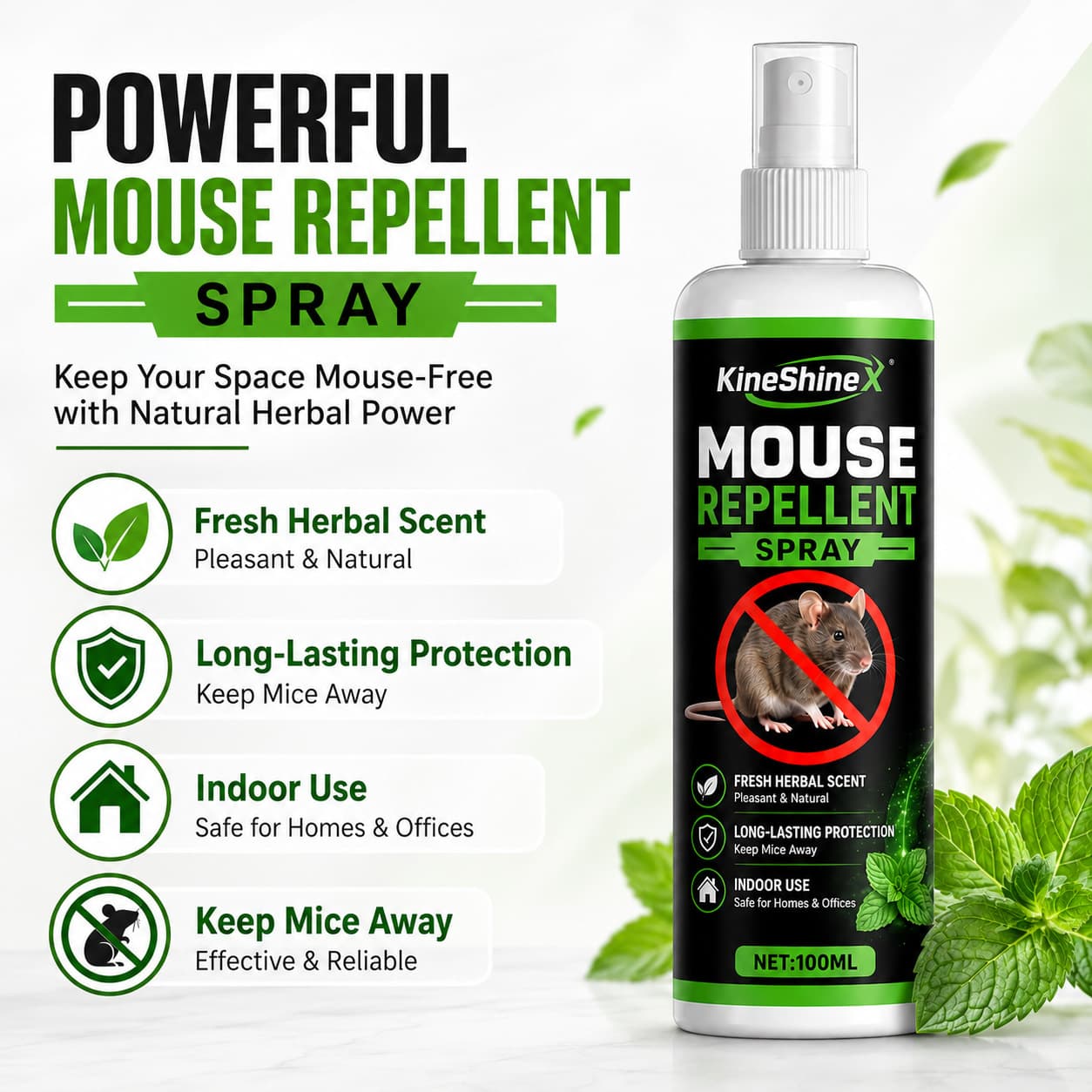 KineShineX Long-Lasting Rodent Repellent Spray 100ML Herbal Scent Mouse Deterrent for Home, Warehouse, Garage, and Cabinet