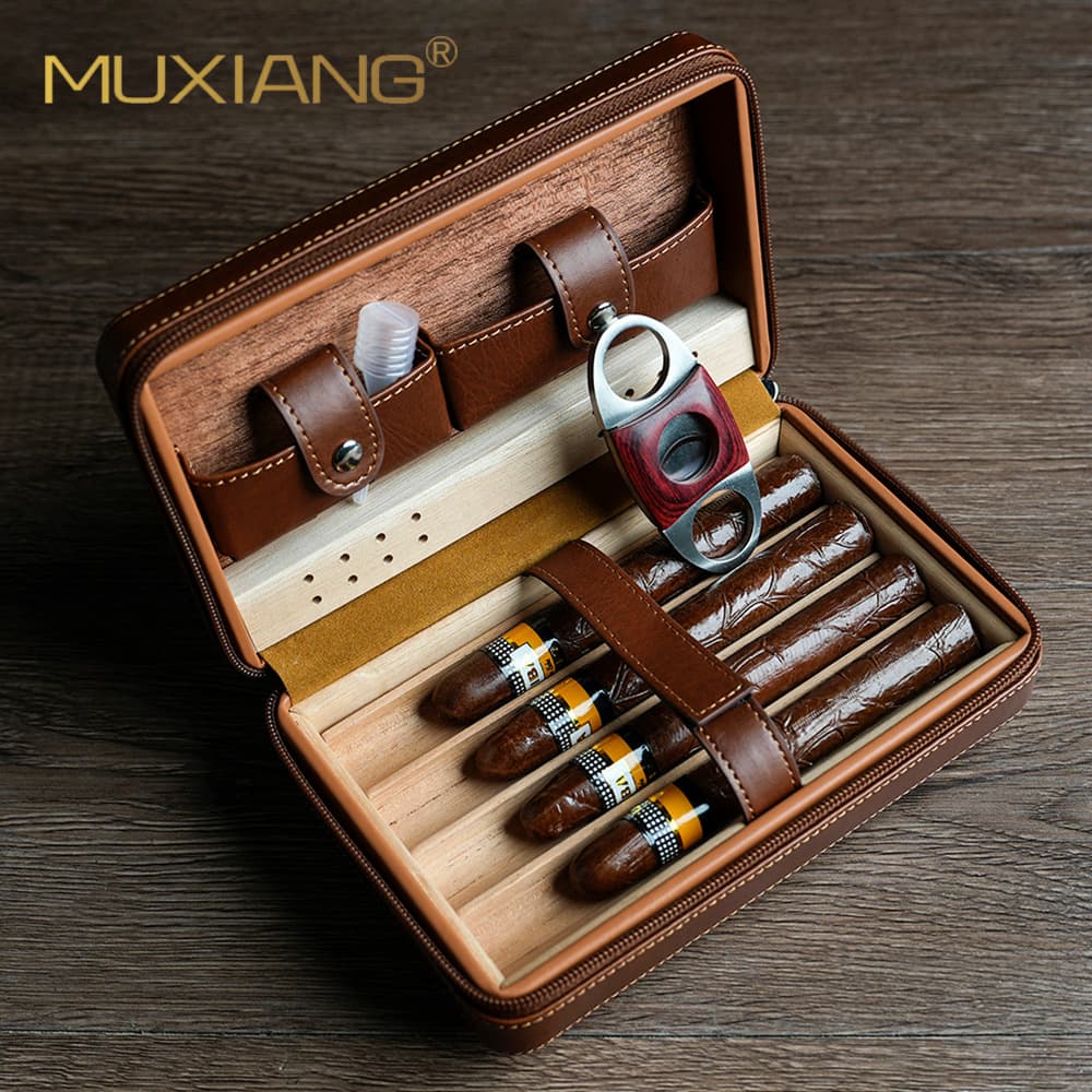 Portable Cigar Humidor Set Four Cigars Cedar Wood Leather Box Smoking Accessories American Style Handmade Luxury Essential Oil