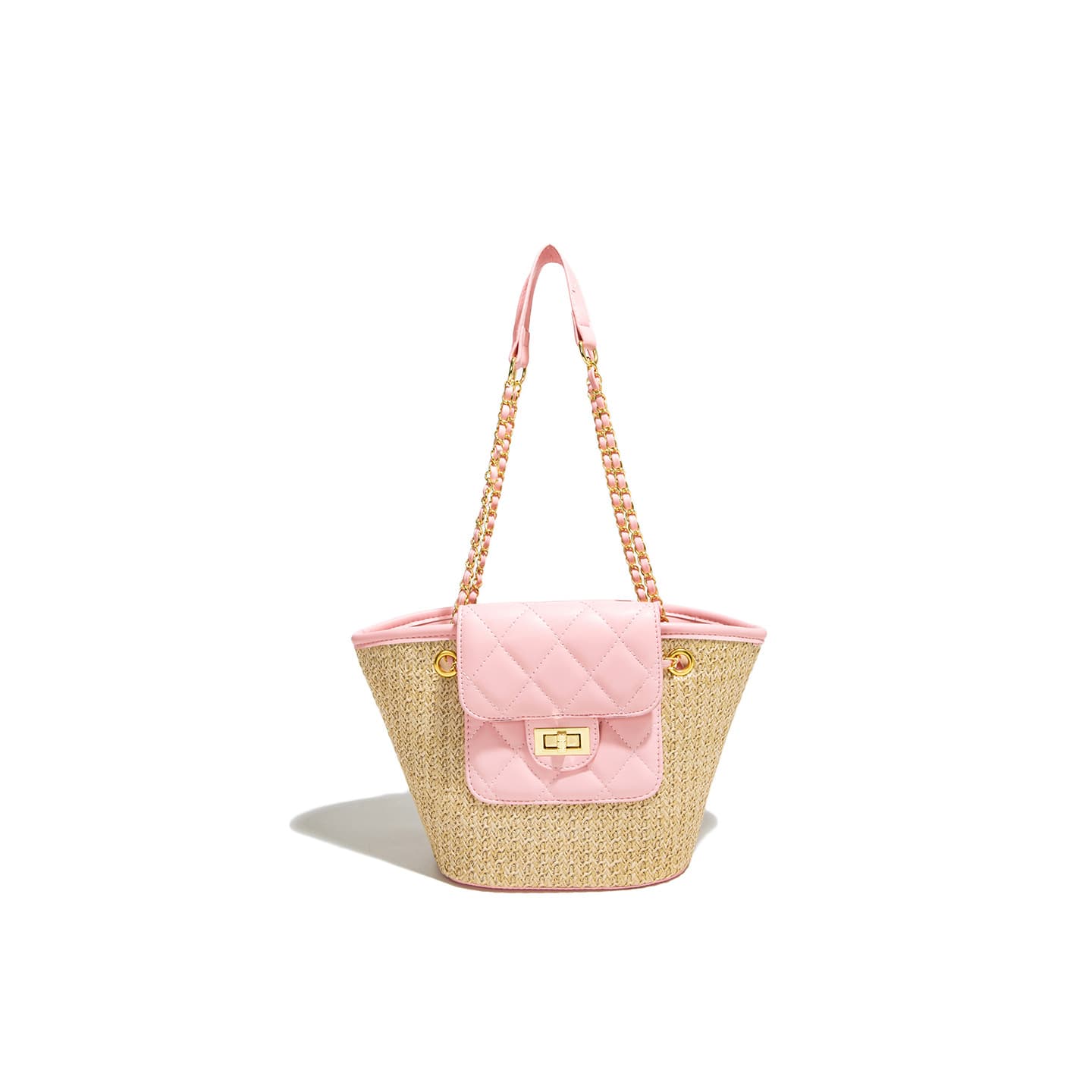 2026 New Vacation Style Woven Basket Bag for Women, Beach Straw Bag, Color-Block Chain Single Shoulder Tote