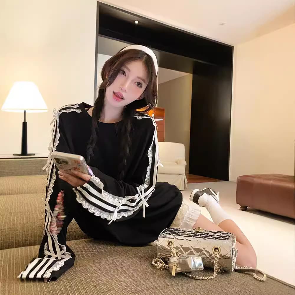 Loose-Fit Long-Sleeve Black T-Shirt Women's Clothing Autumn Lace Splicing Korean Style Medium-Length Round Neck Versatile Top