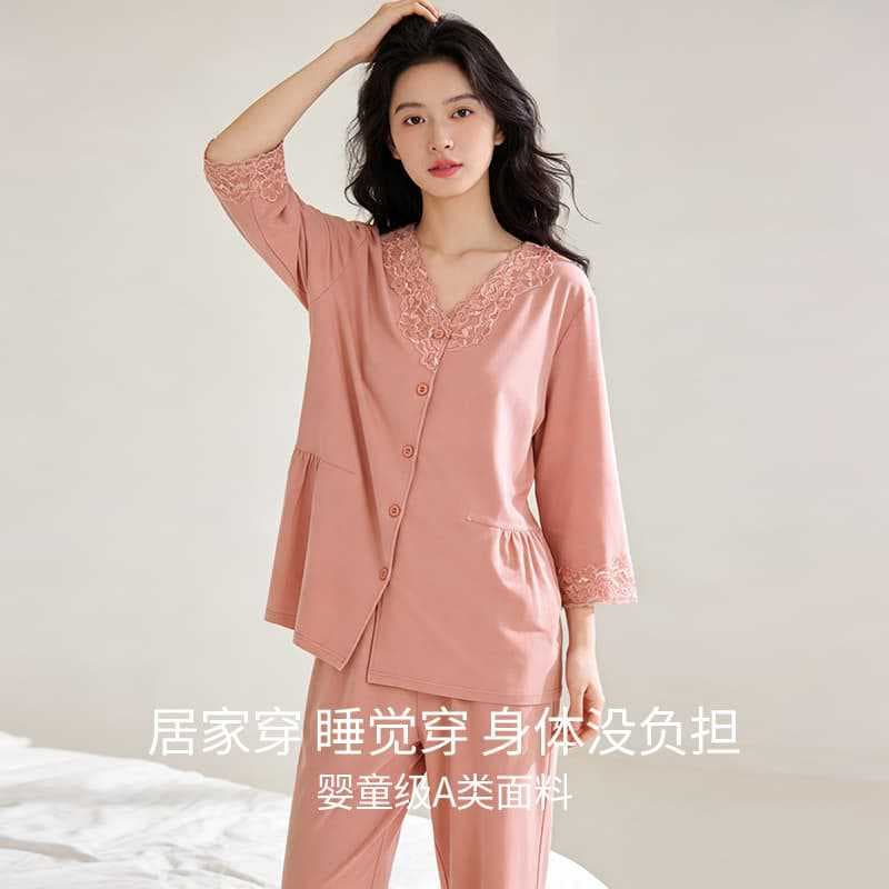 Natural Bamboo Fiber Lace V-Neck Pajamas for Women 2026 New Summer Style with Built-In Chest Pads Home Wear Set for Outerwear