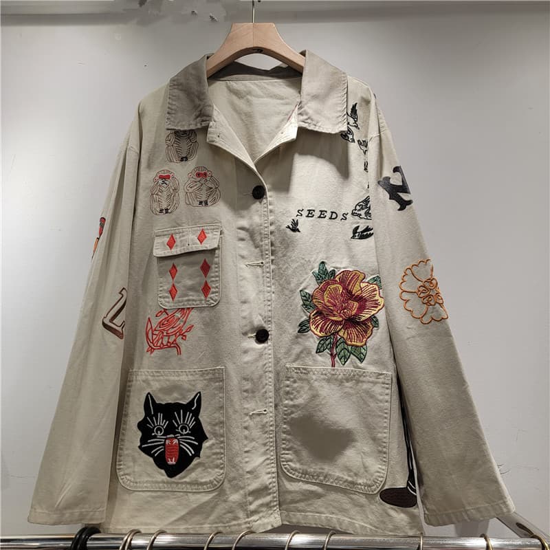 2026 Spring Lapel Embroidered Windbreaker Jacket Women's Loose Casual Work Jacket Long Sleeve Jacket Women