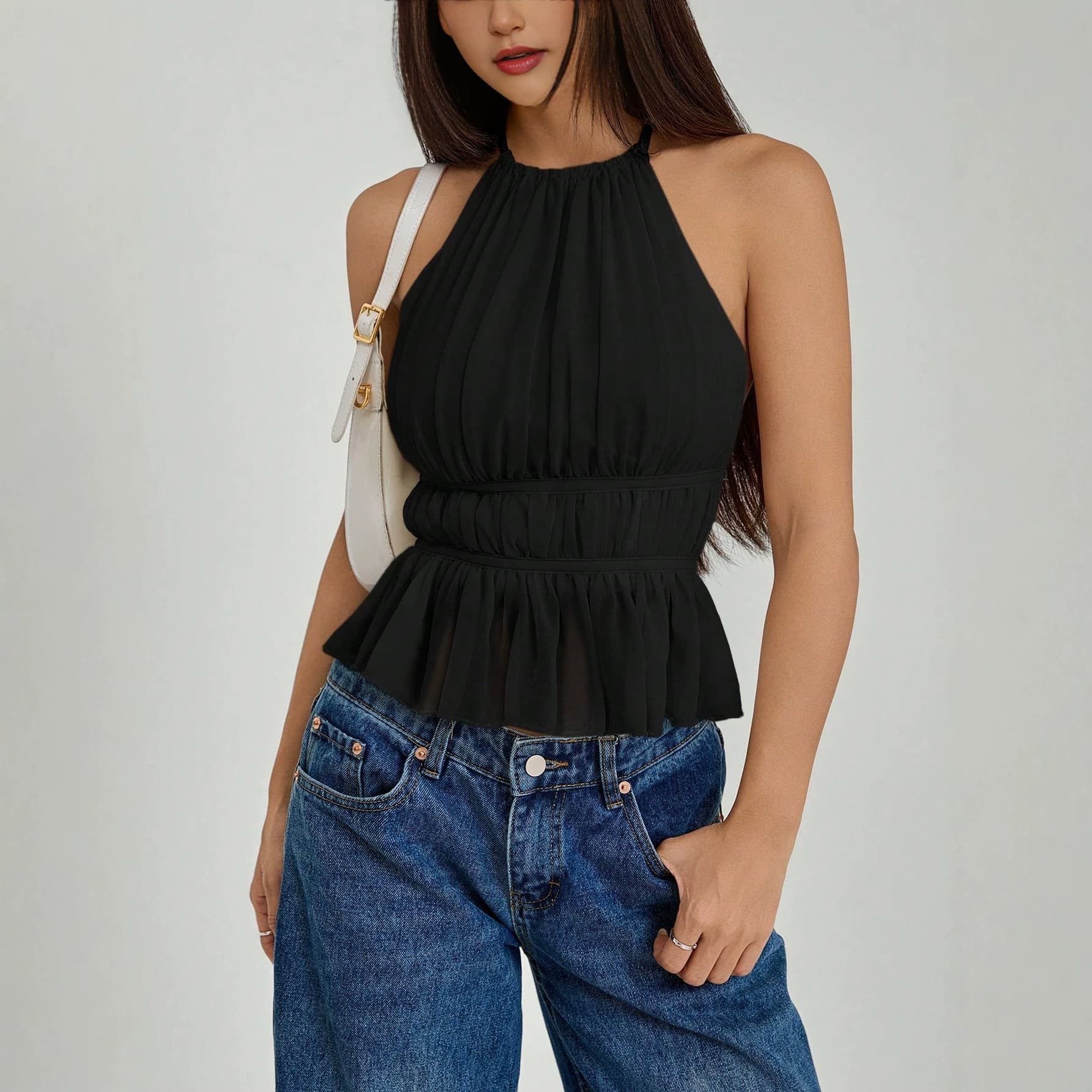 2026 European American Solid Color Round Neck Ruched Halter Top Women's New Design Backless Tie-Up Top