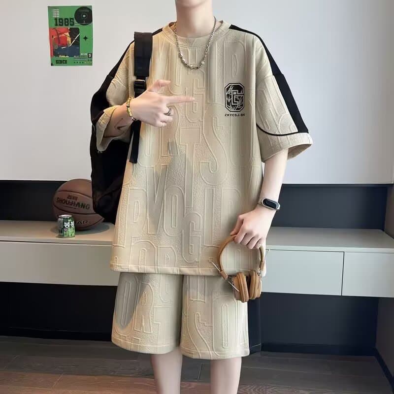 Summer Fashion Set for Men, Trendy Brand Boy's Stylish Matching Outfit, Casual Sports Short Sleeve T-Shirt and Shorts Two-Piece Set