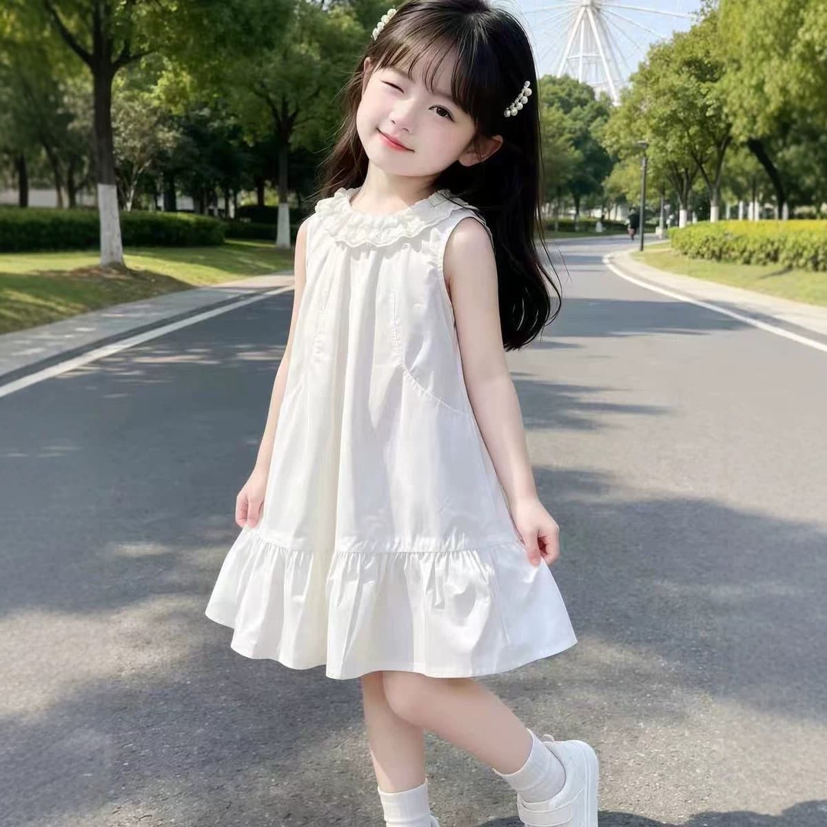 Girls Dress Summer 2026 New White Korean Style Sleeveless Pleated Dress Lace Collar Princess Long Dress Trendy