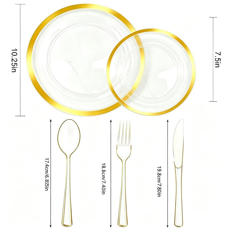 Cross-border Party Supplies Transparent Plastic Dinner Plates with Gold Rim and Blue Rim, Wedding Birthday Western Dining Plate Knife Fork Spoon Cutlery Set