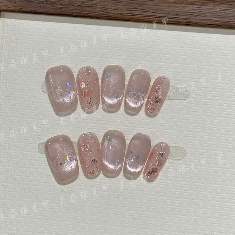 Handmade Wearable Nails Summer Nude Color Nail Art Luxury High-End Fake Nails Finished Product Star Light Handmade Nail Art