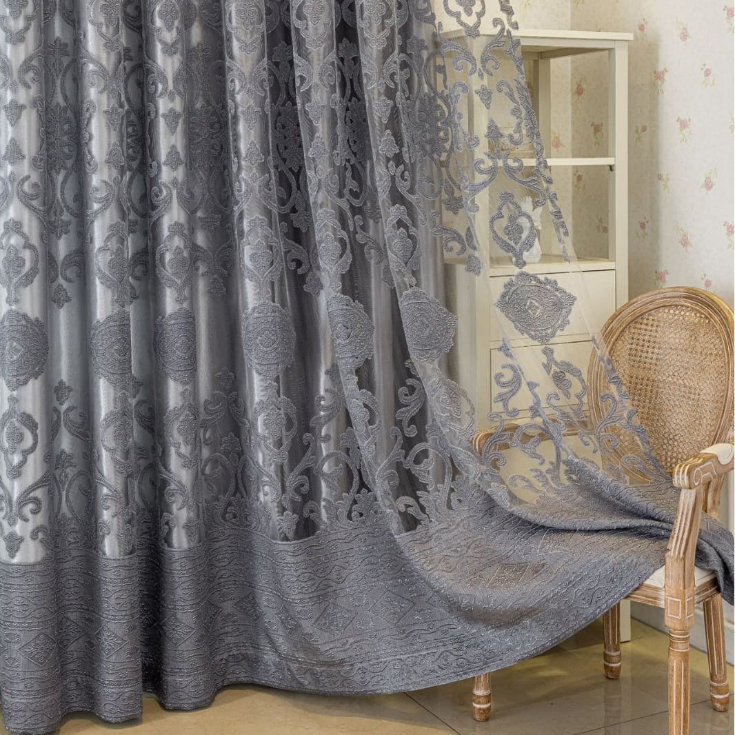 Cross-border High-end Luxury European-style Double-layer Fabric and Sheer Curtain Set for Villas, Gray Curtain with Embroidered Sheer, Cross-border AliExpress