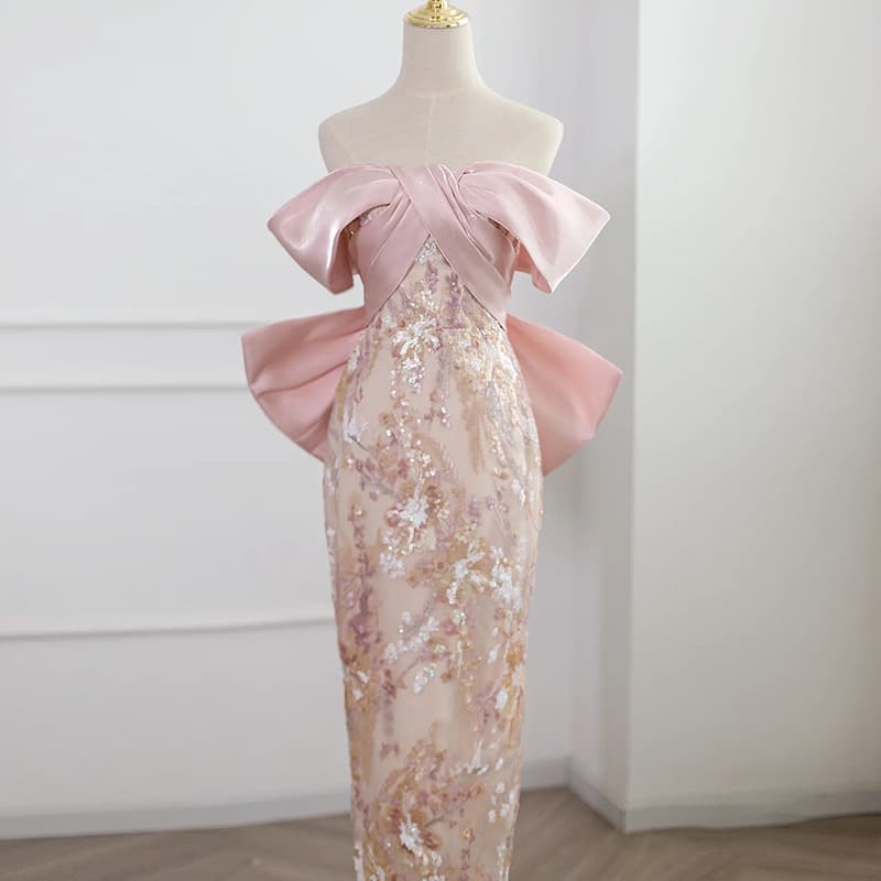 Strapless Pink Evening Gown Banquet Temperament Engagement Dress Sequined Slim Fit Bride Unique Toast Dress