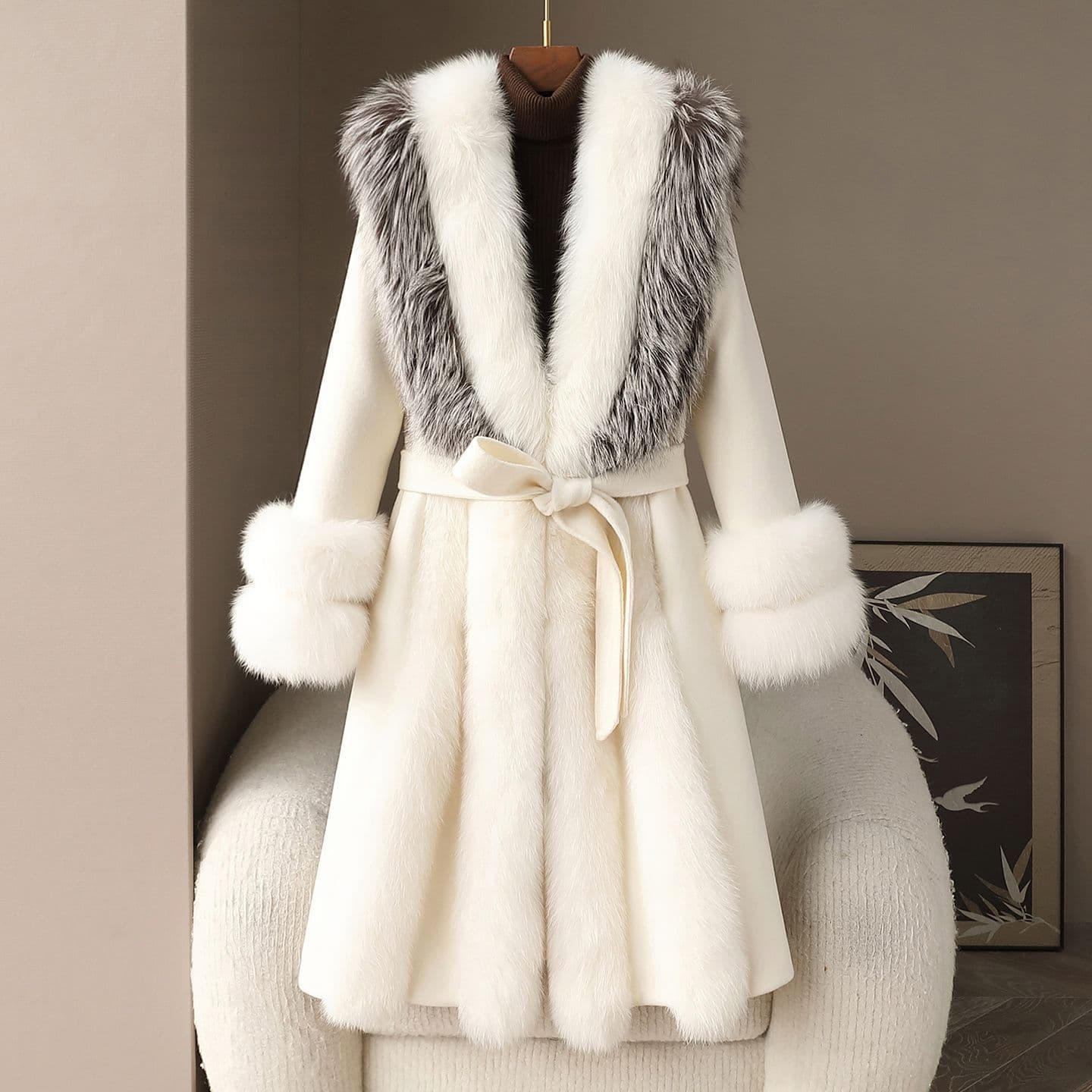 Limited Stock 2026 Premium Extra-Large Fox Fur Collar Fur Coat for Women with White Goose Down Lining Reversible Wool Coat