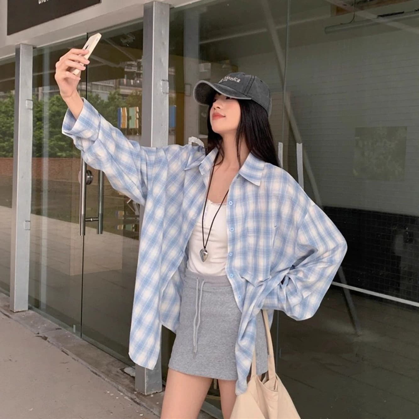 Cross-Border Korean Blue Plaid Sun Protection Shirt for Women Spring and Summer Lazy Casual Loose Long-Sleeved Shirt Top Jacket