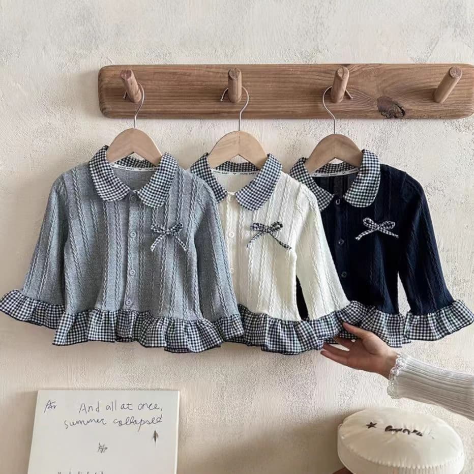 New children's bow-tie base layer, girls' lace long-sleeve shirt collar versatile fashionable top