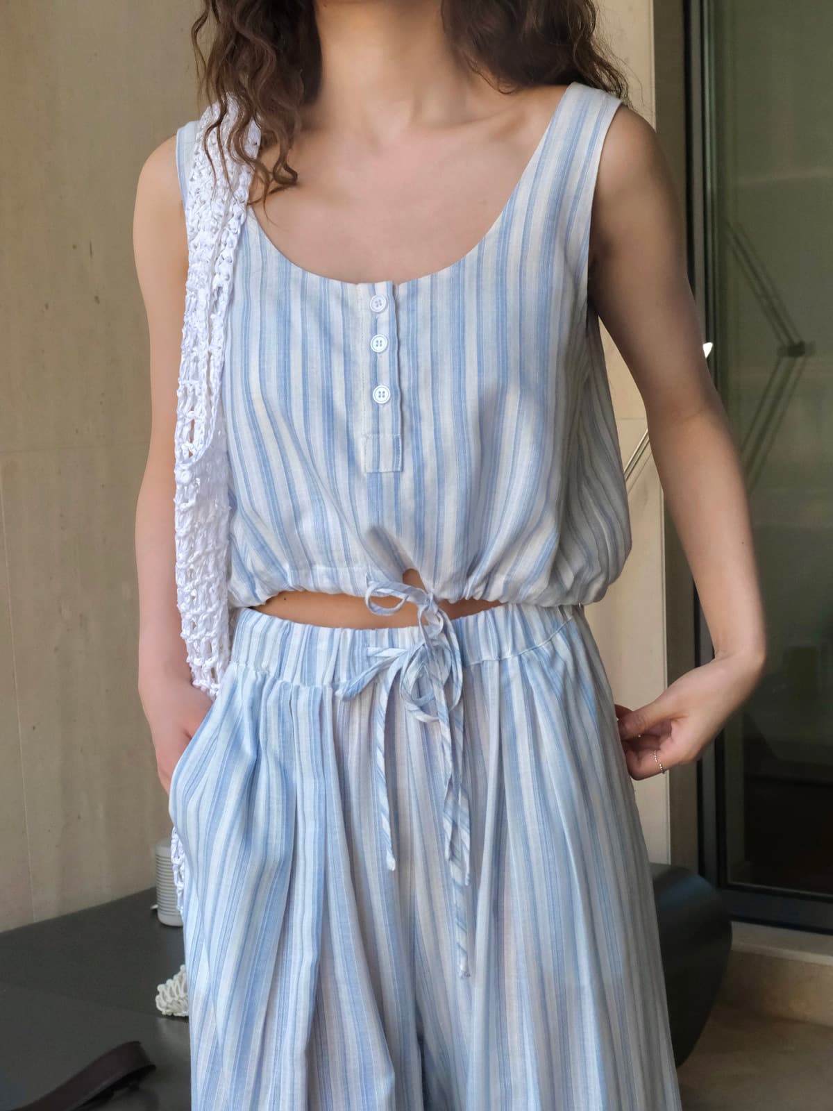 Louvre Summer New Korean Style Vacation Refreshing Striped Vest Slimming Drawstring Tie Short Casual Top for Women
