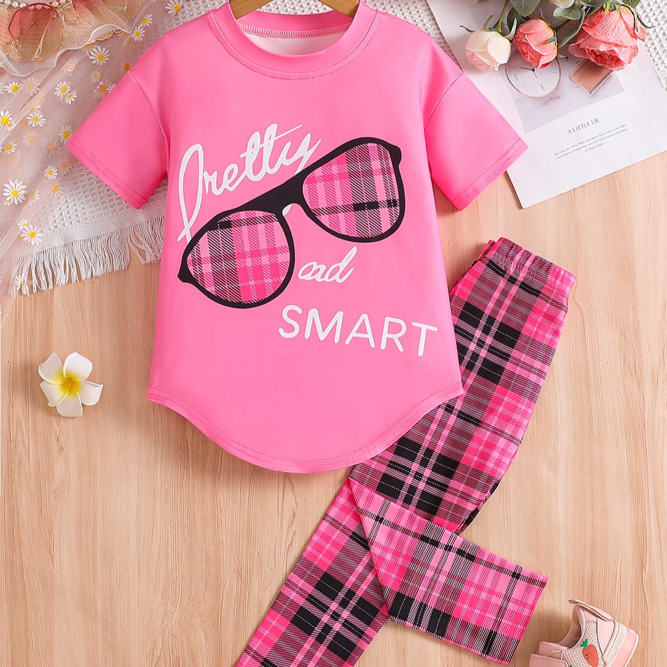Overseas Trade Cross-border INS Kids Girls Baby 26 Summer Style Heat Transfer Print Short Sleeve Round Neck Top and Casual Pants Set