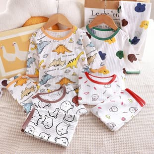 Summer Kids Pure Cotton Homewear Set Boys and Girls Thin Seven-Length Sleeve Pajamas Two-Piece Baby Air Conditioning Outfit