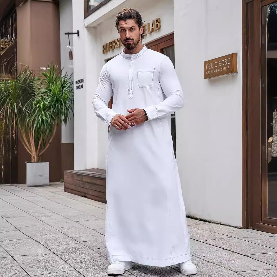 Malaysian Men's Contrast Pocket Stand Collar Shirt Long Robe MSL205