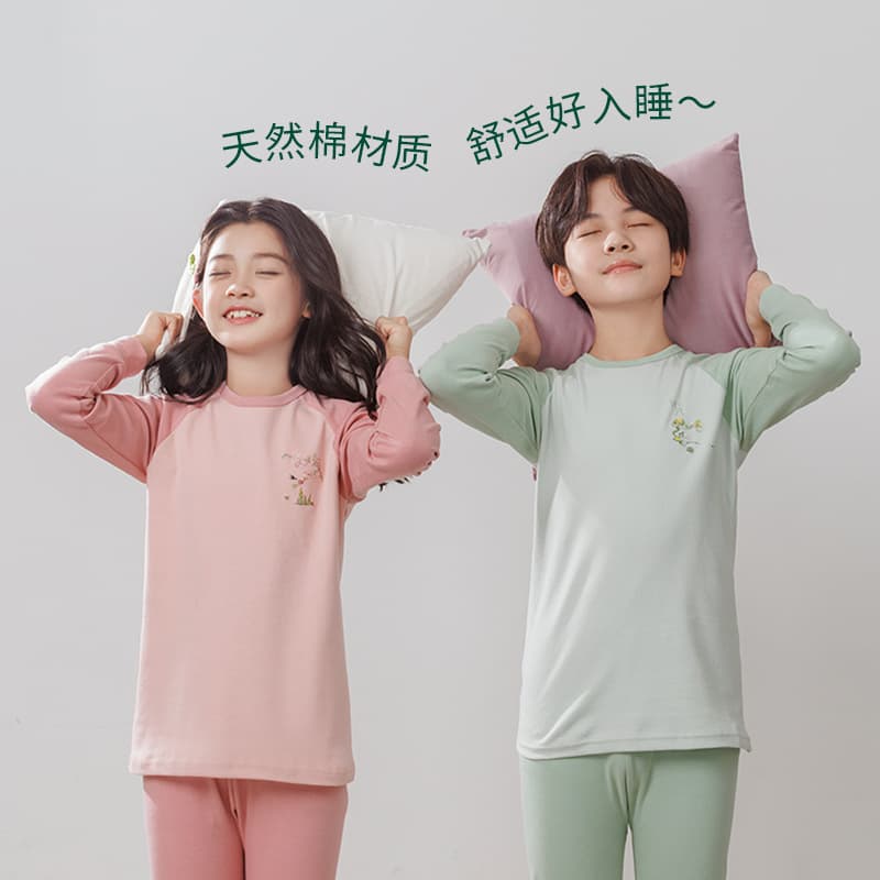 Teenagers' pure cotton underwear set for autumn and winter, boys and girls, long-sleeved pajamas with a high collar.