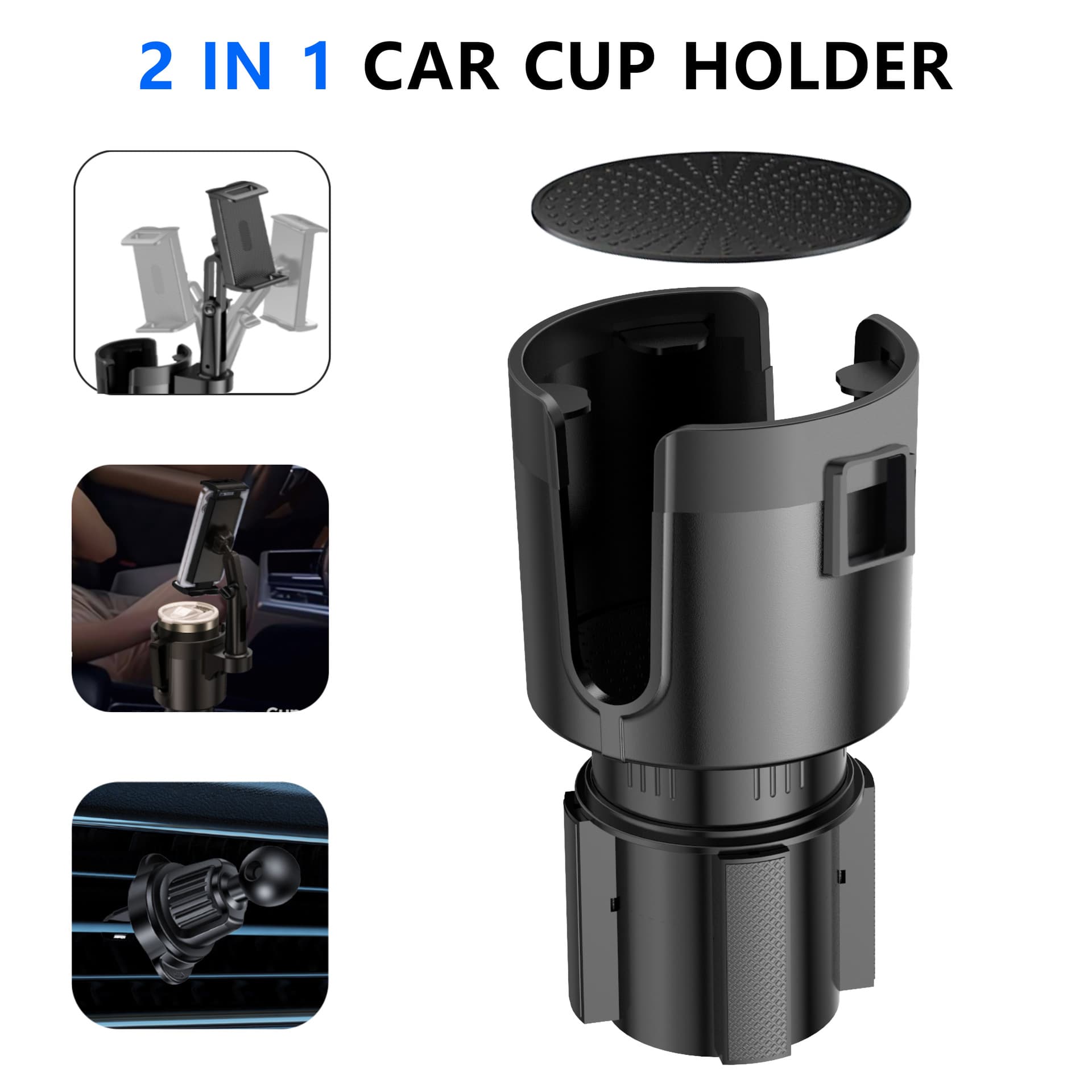 Car Cup Holder Large Multifunctional Beverage Holder with Phone Mount and Air Vent Clip 2-in-1