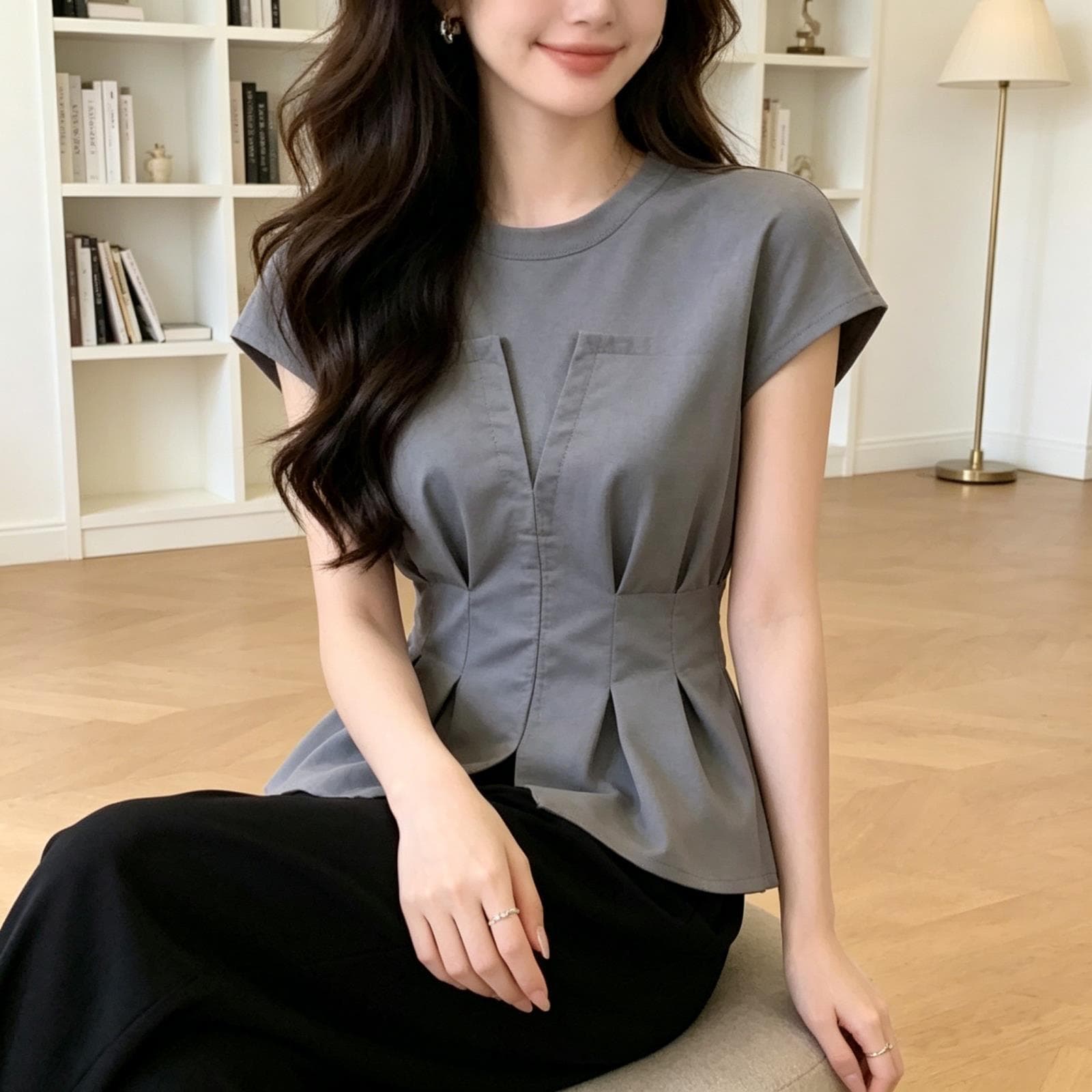 Elegant Patchwork Design Waist-Cinching Short-Sleeve Women's Top, Summer Thin Style, Light Luxury High-End Blouse, 2026 Summer New Model