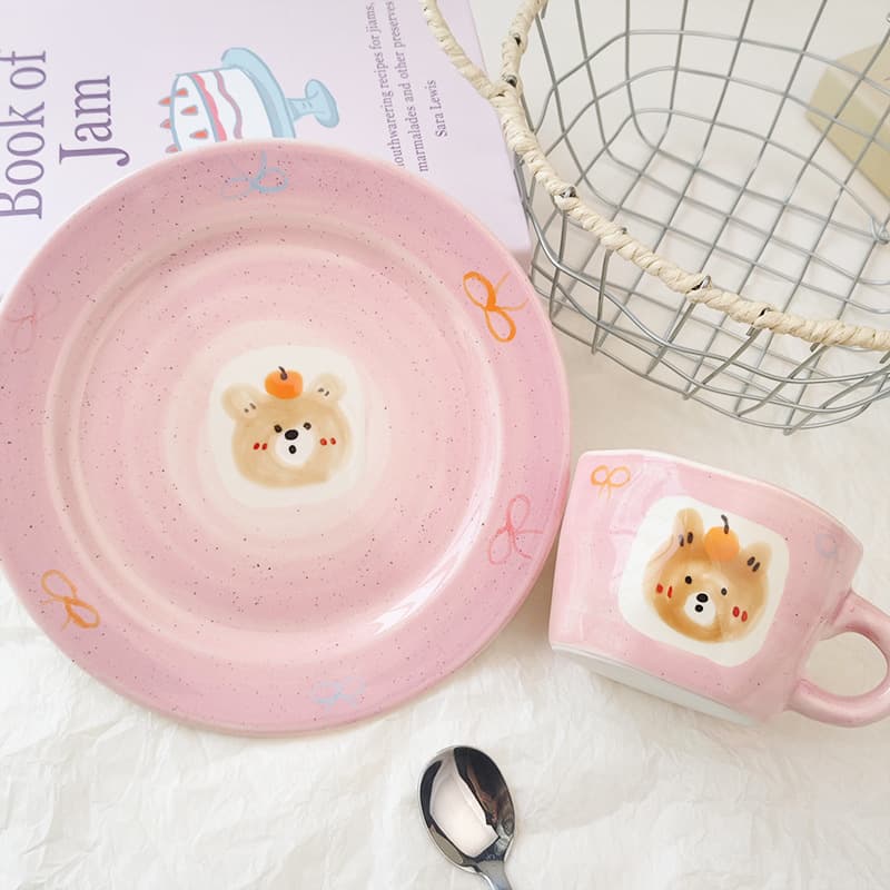 Adorable Hand-Painted Underglaze Bear Ceramic Mug Pink Coffee Cup Set with Saucer and Breakfast Plate