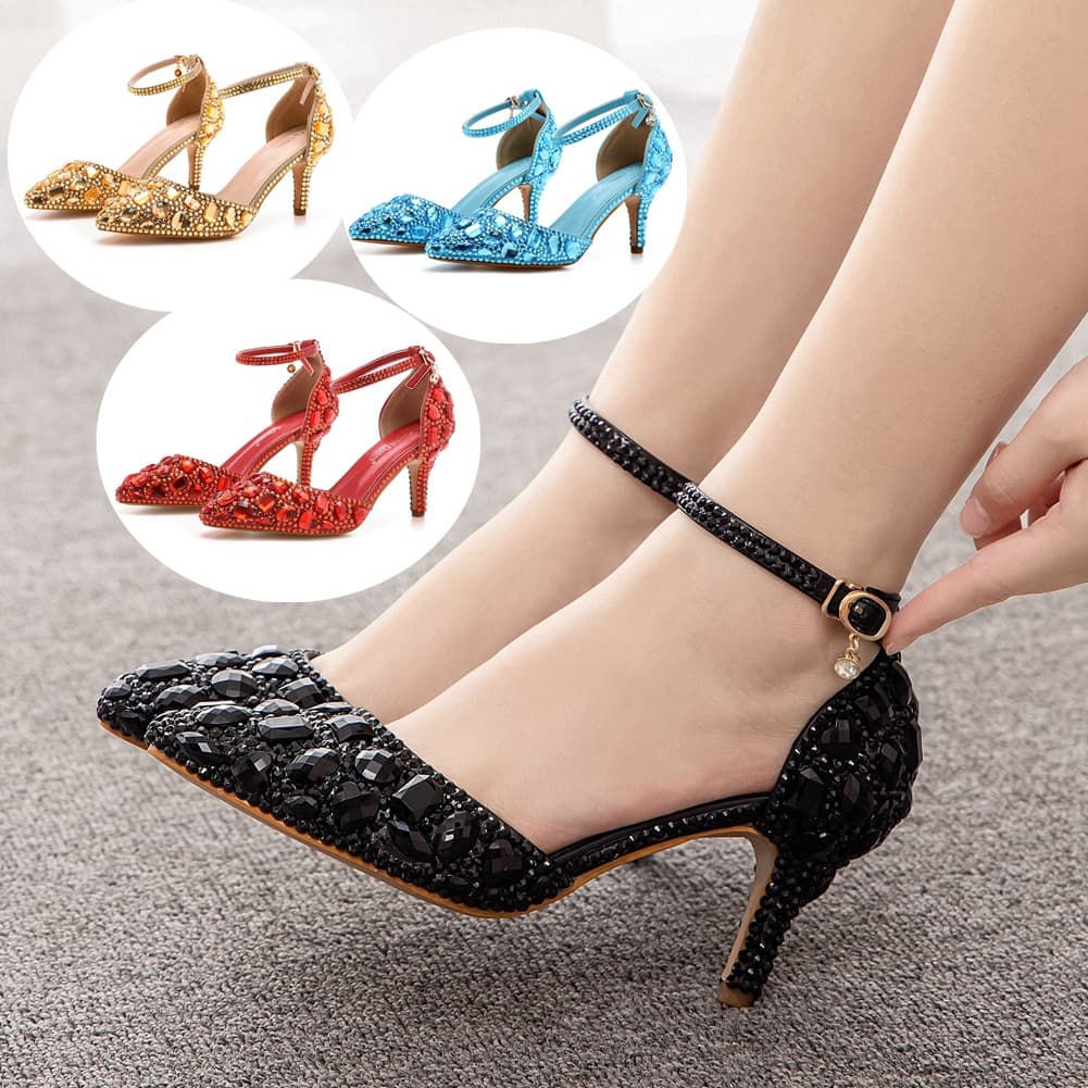 7cm Plus Size Sandals Thin Heel Pointed Toe Rhinestone High Heel Sandals Gold Rhinestone Export High Heels Wedding Shoes