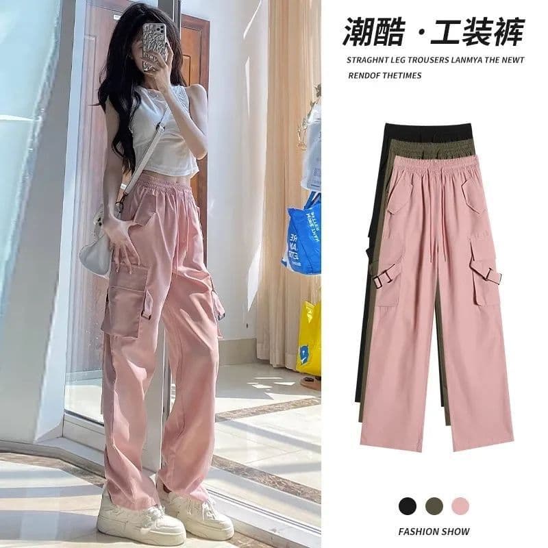 American Retro Dopamine Girl Trendy Cargo Pants Women Spring Autumn High Waist Wide Leg Pants Ins Fashion Casual Straight Leg Pants