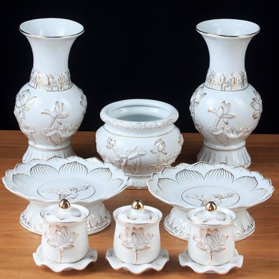 Buddhist Hall White Relief Lotus Incense Burner Bowl, Wordless, for Guanyin Shrine, Complete Buddhist Altar Set