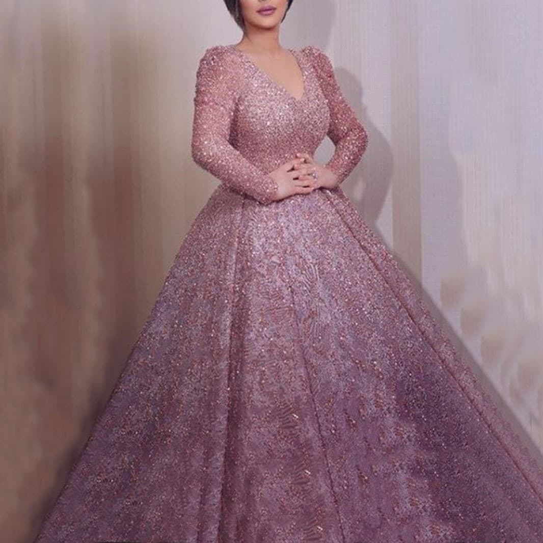 2026 Autumn and Winter New Cross-border Amazon Women's Long Skirt Long Sleeve V-neck Sprinkled Gold Dress Lotus Root Pink Slim Dress