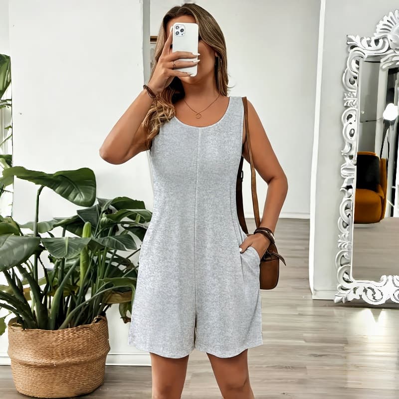Cross-Border New Style European and American Sleeveless Jumpsuit for Women with Side Pockets, Elegant Design, Solid Color Casual Tank Jumpsuit