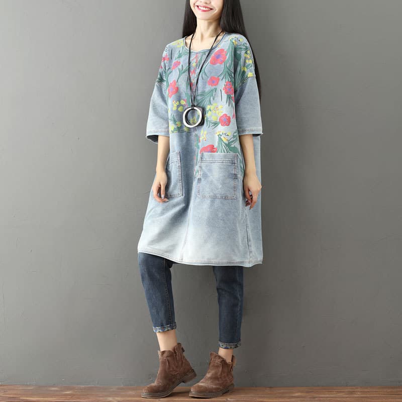 2025 Washed White Round Neck Denim Skirt Mid-Length Casual Women's Plus Size Half-Sleeve Dress Wandering Notes