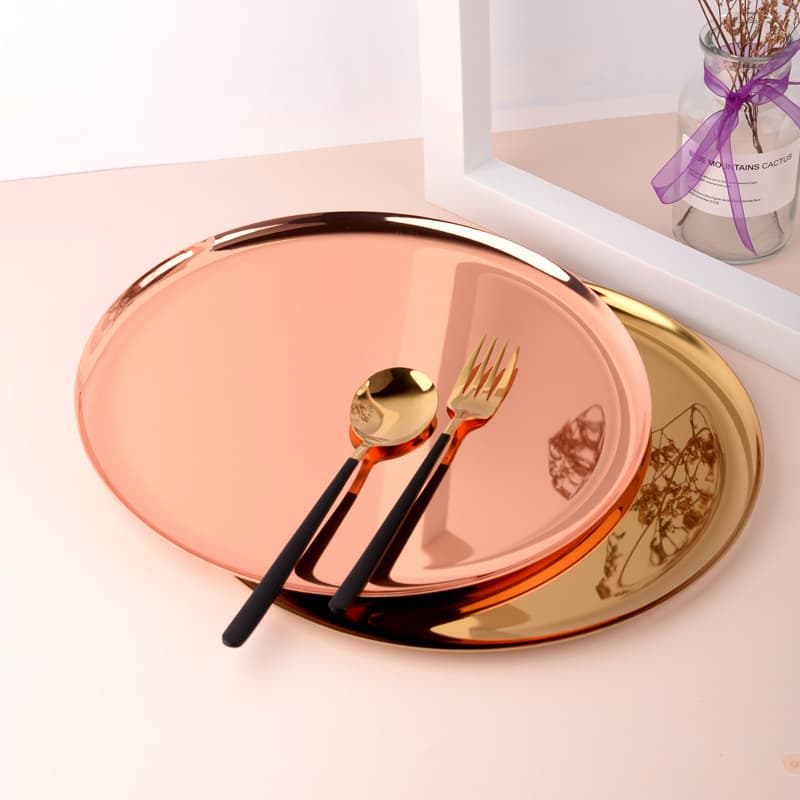 Wholesale Manufacturer Metal Round Tray Stainless Steel Golden Decorative Fruit Plate Tea Tray Metal Serving Tray