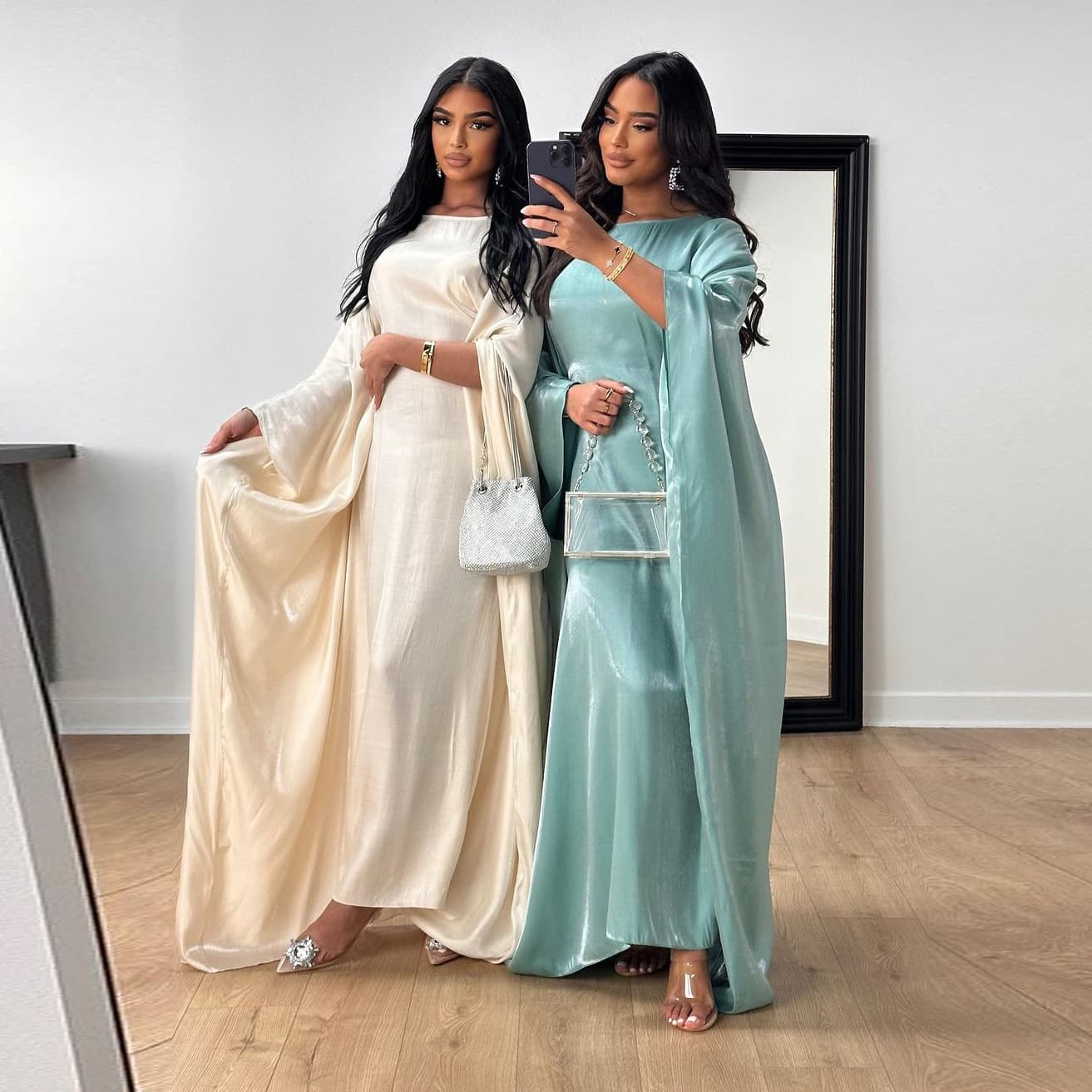 MQ104 Factory Direct New 2024 Summer Cross-Border Modest Fashion Shiny Silk Satin Fitted Waist Dress