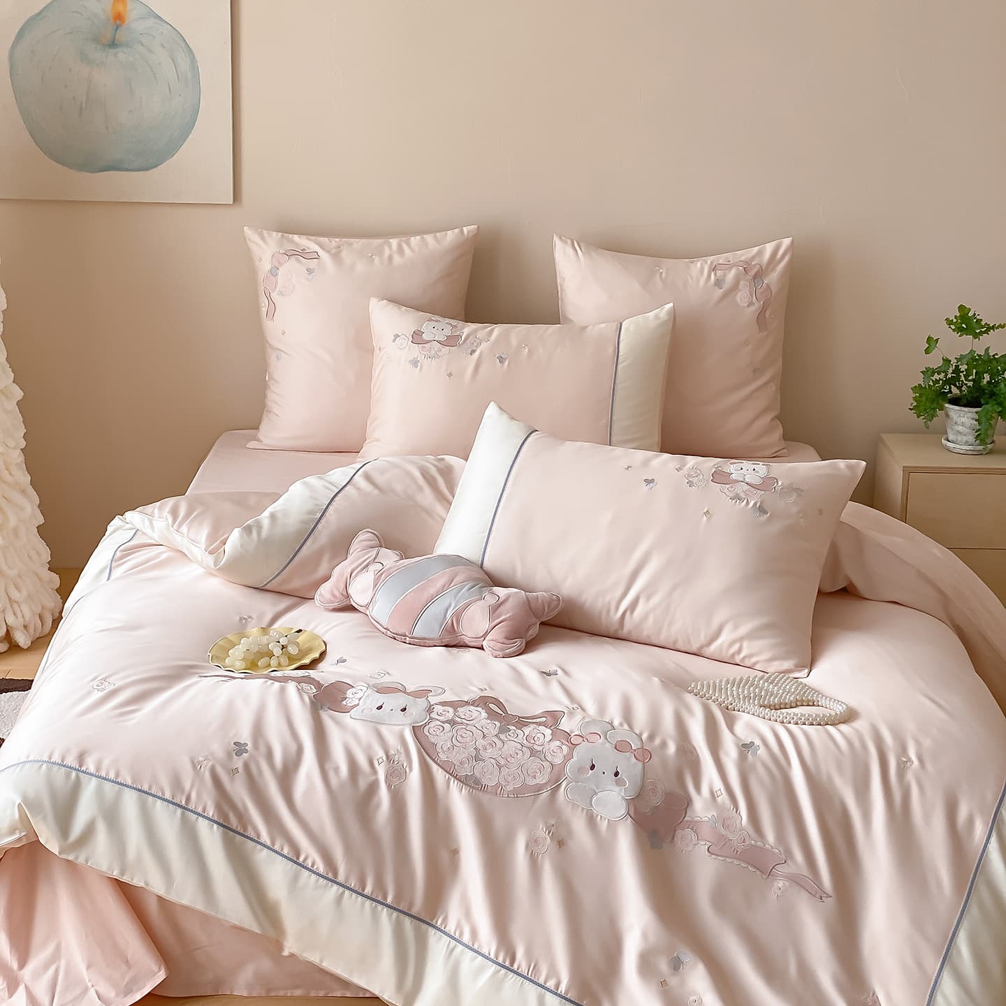 Girly Heart 100-Count Xinjiang Long-Staple Cotton High-Precision Embroidery Cute All-Cotton Four-Piece Set Soft Pure Cotton Three-Piece Set
