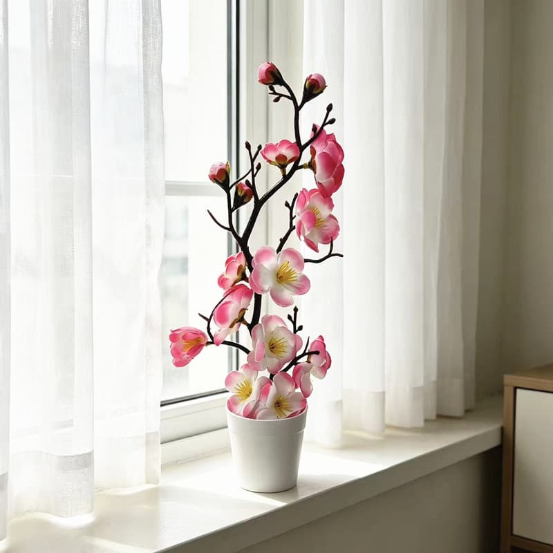 Cross-border Round Pot Plum Blossom Artificial Potted Plant Chinese Style Home Study Decoration Wintersweet Bonsai Photography Prop Fake Flower Ornament