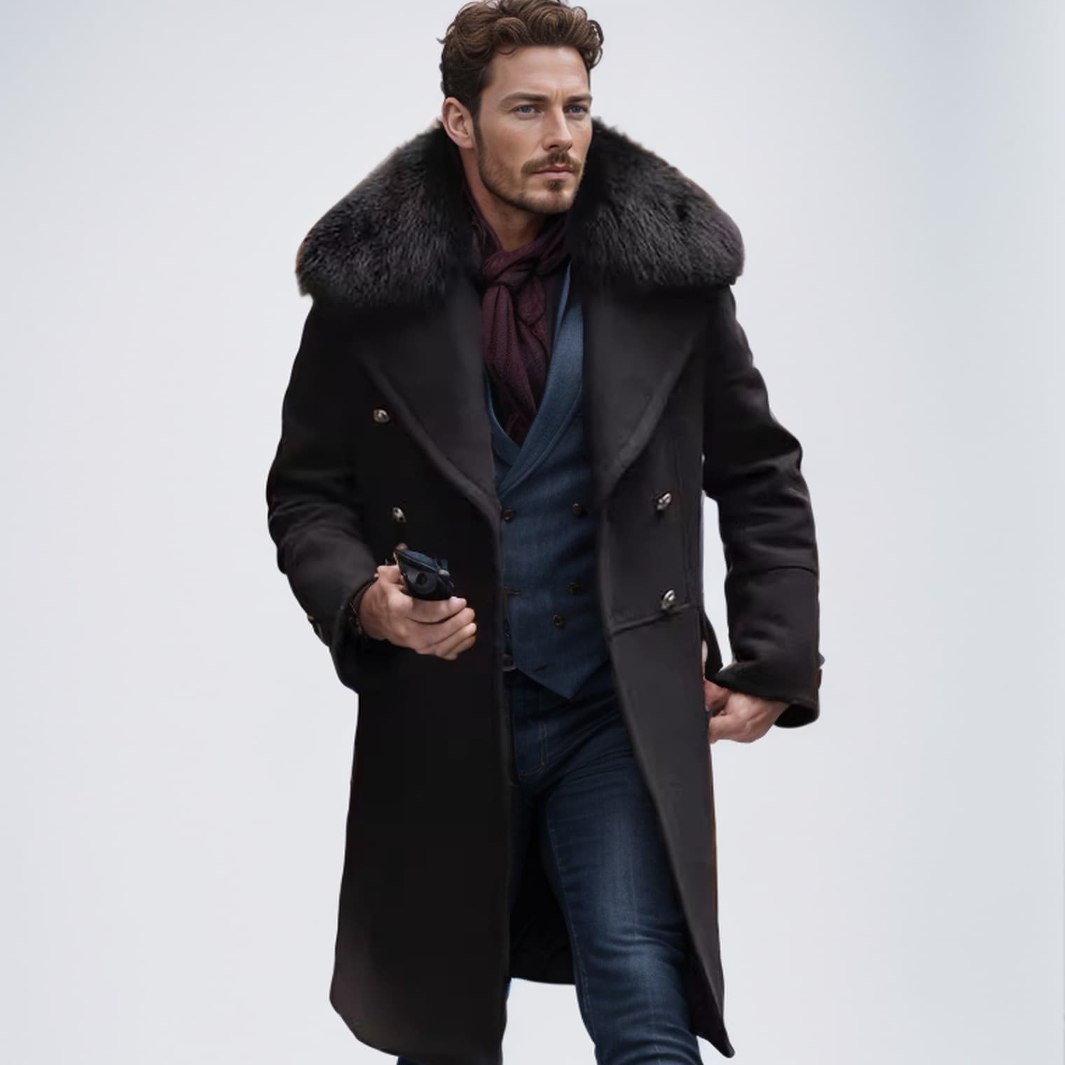 Cross-Border In Stock Men's Casual Large Fur Collar Wool Coat Export Solid Color Double-Breasted Men's Wool Overcoat Warm