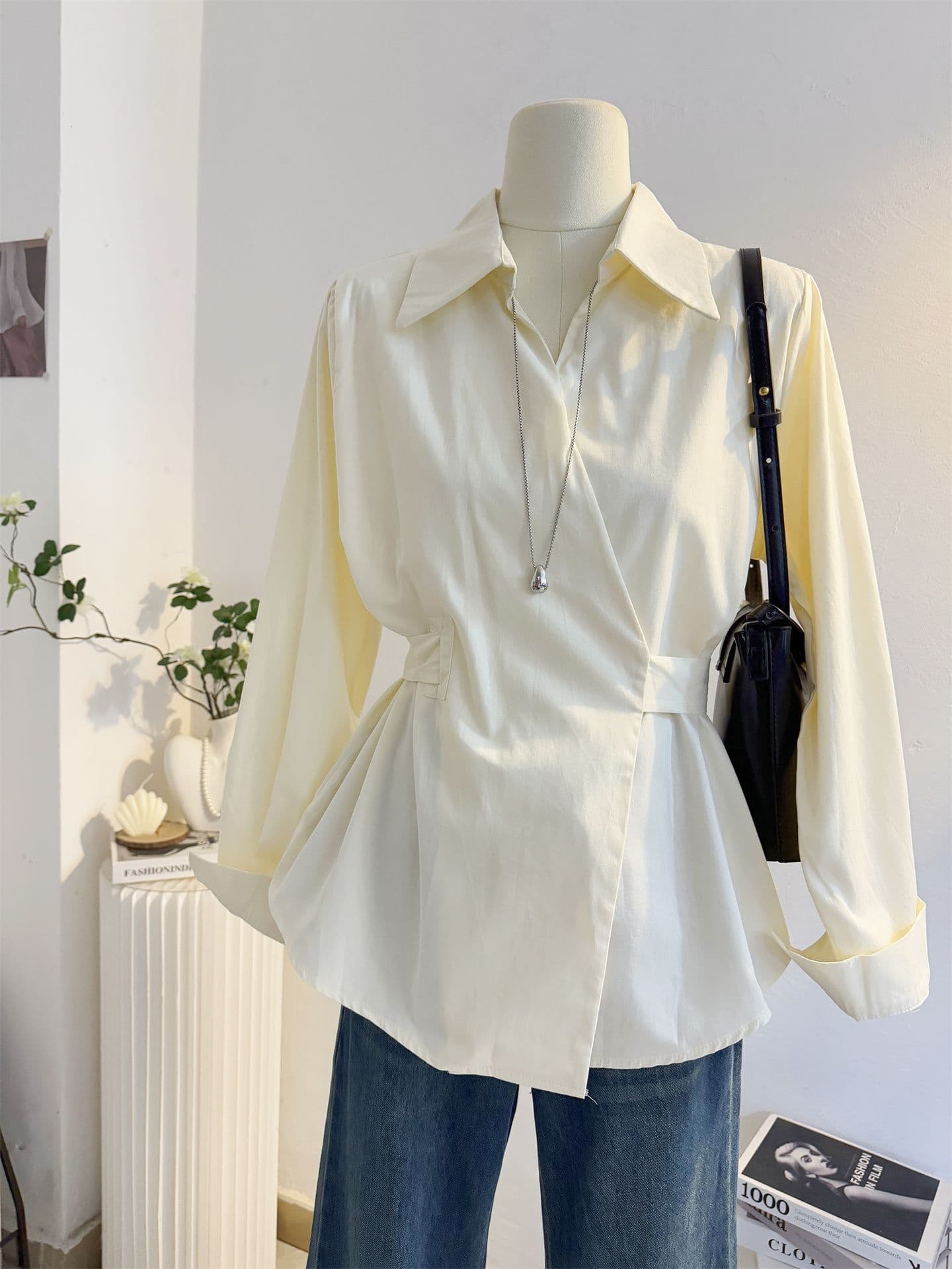 French-style Tie-Waist Long-Sleeve Blouse for Women, Fall Design, Slimming Commuter Shirt, Korean-inspired Top