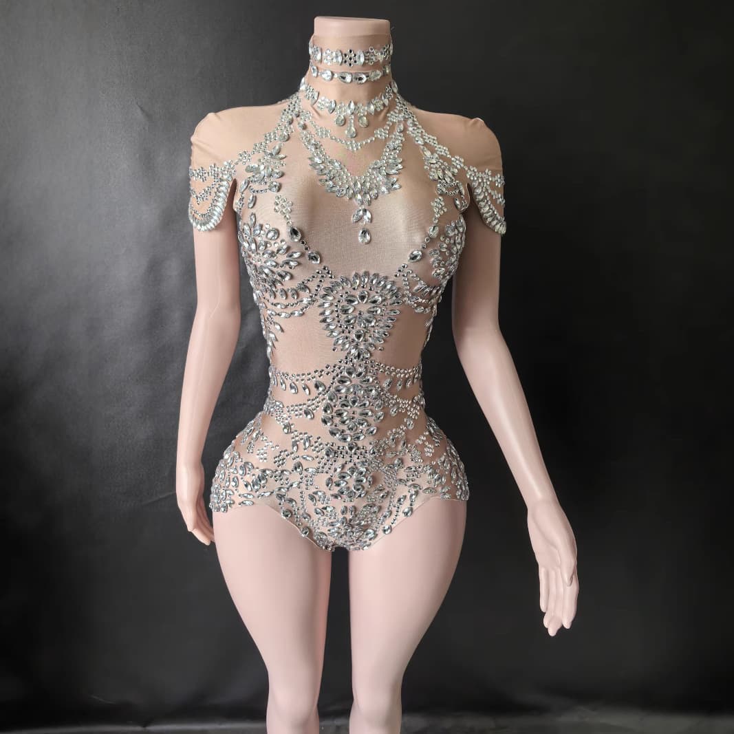 European and American ready stock shiny rhinestone high-neck sleeveless mesh sheer plaid evening party banquet dress hollow-out ball gown