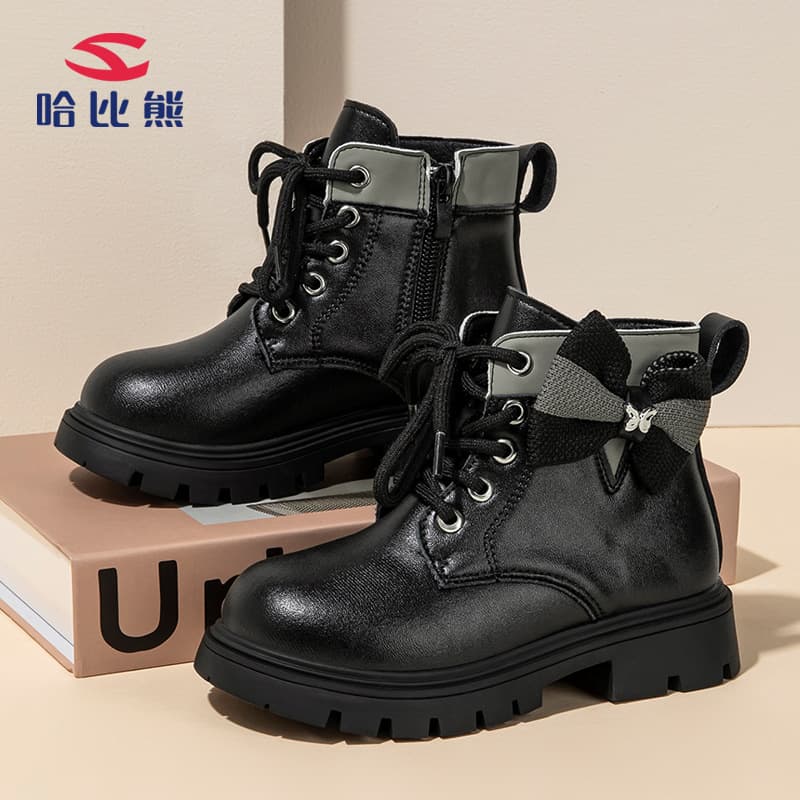 Princess Style Martin Boots for Girls Butterfly Knot Mid-Calf Leather Boots Breathable Wear-Resistant Spring Autumn Kids Shoes