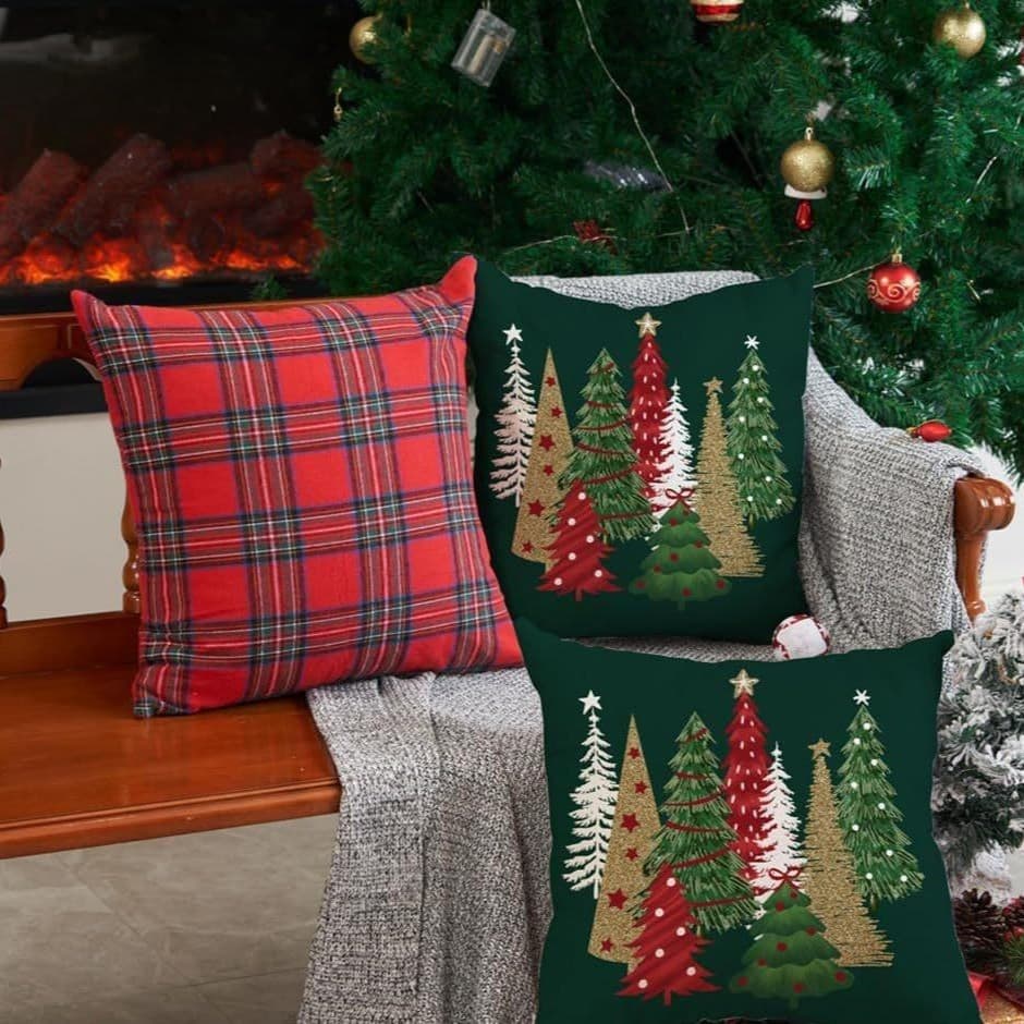Bestseller Cross-border Christmas Red Plaid Christmas Tree Pillowcase, Home Sofa Ambiance Bedroom Cushion Cover
