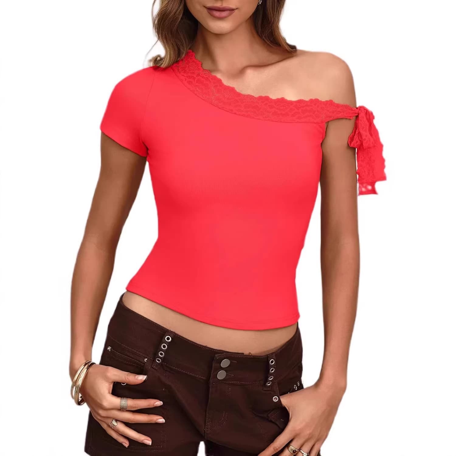 2026 cross-border women's off-shoulder short-sleeved T-shirt with lace trim, millennium, going out tops, summer trend