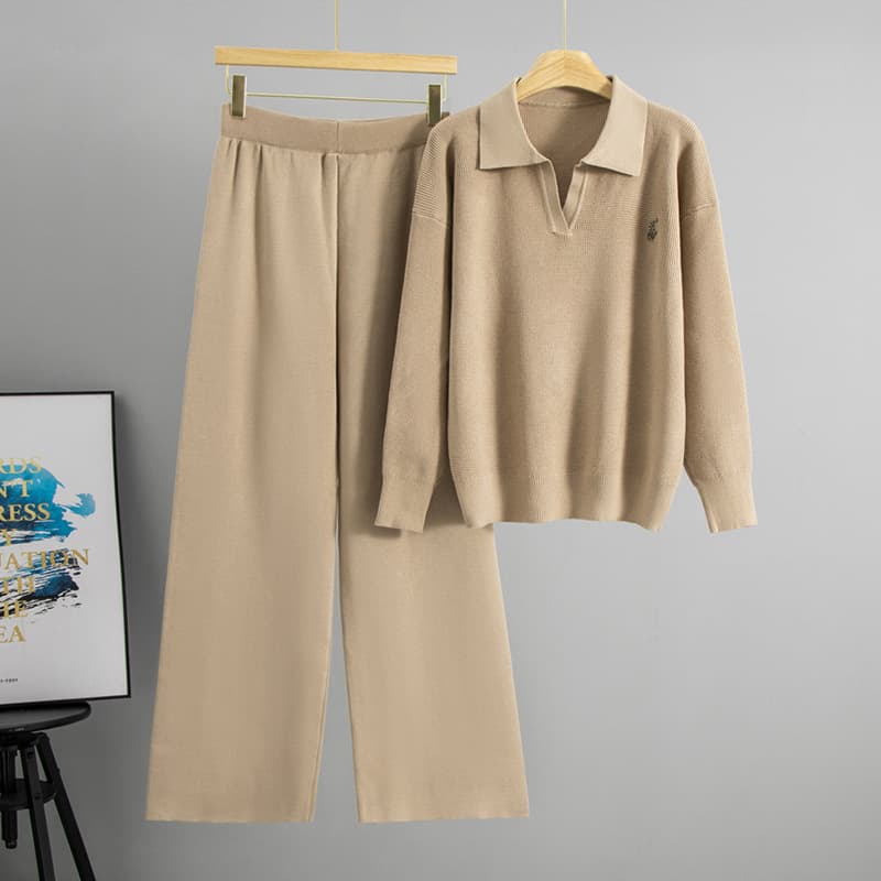 2026 Autumn/Winter Knit Set Women's Polo Top Casual Slimming Wide-Leg Pants Two-Piece Set