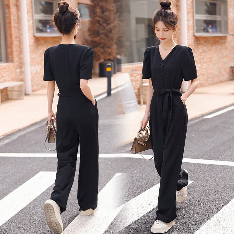 Actual Photo Black V-Neck Jumpsuit for Women Wide-Leg Pants Summer Petite Korean Style Slimming Flowing Utility Jumpsuit