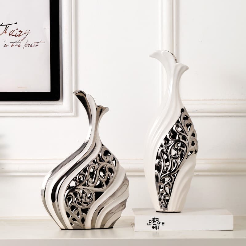 Ceramic Vase Decoration, European Home Craft, Living Room TV Cabinet Ornament, Silver Hollow Vase with Silk Flowers