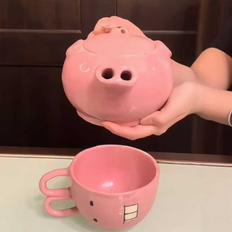 Piggy Ceramic Teapot Funny Pig Nose Water Flow Teapot Interesting Cup Pig Head Tea Set Gift for Bestie Prank Gift