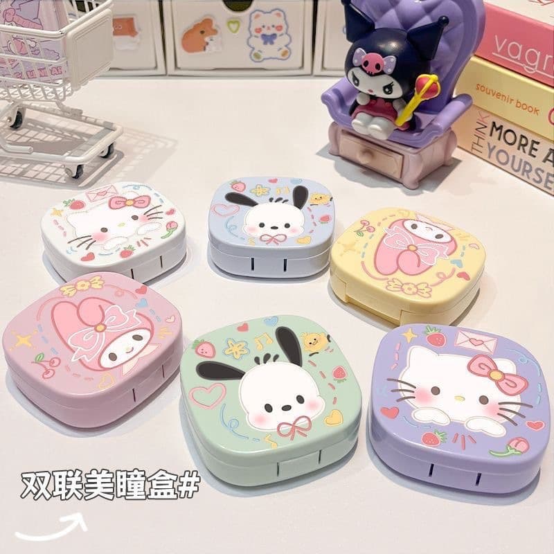 Cute Hello Kitty Contact Lens Case, Portable Complete Tool Set, Contact Lens Cleaner with Tweezers and Mirror