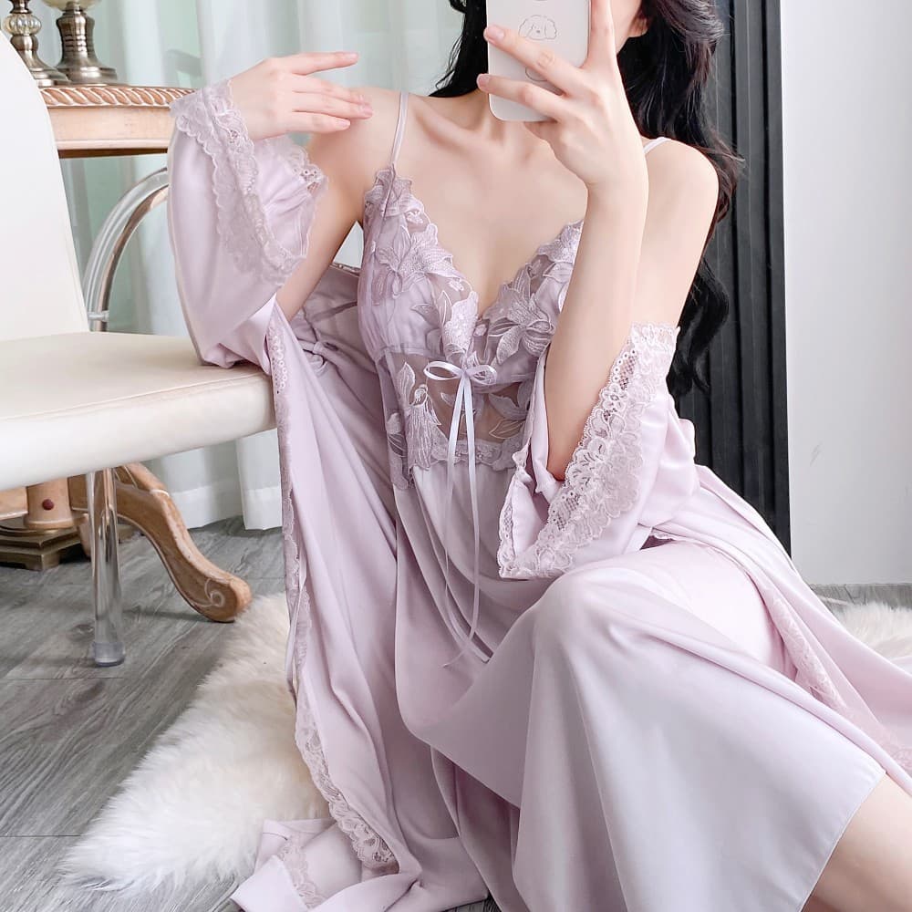 Long Nightgown and Morning Robe Two-Piece Set, Ice Silk Camisole with Padded Bra, Sexy Lace Outer Robe, Homewear, Popular Sleepwear