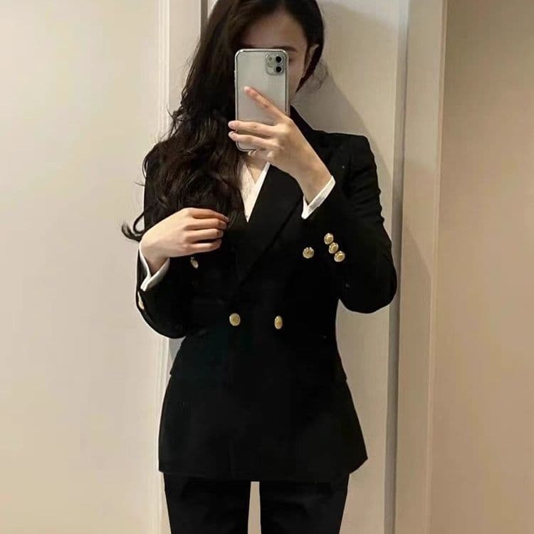2025 Women's Blazer Suit Jacket, Wrinkle-Free Professional Office Wear, Elegant Waist-Cinching Black Double-Breasted